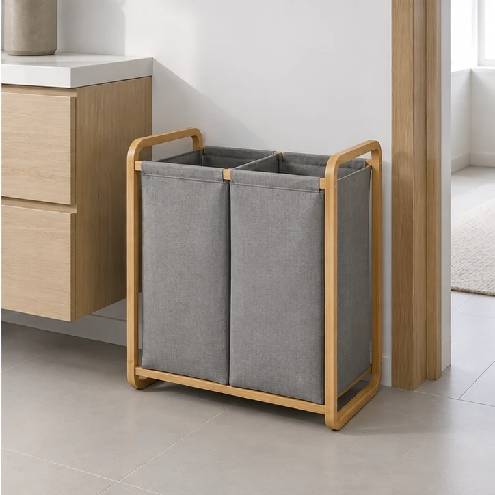 Split Laundry Basket, Bamboo / gray — home setting