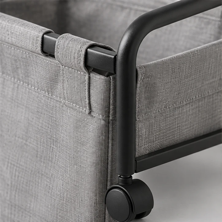 Rolling Laundry Basket, Black / gray — material and construction detail