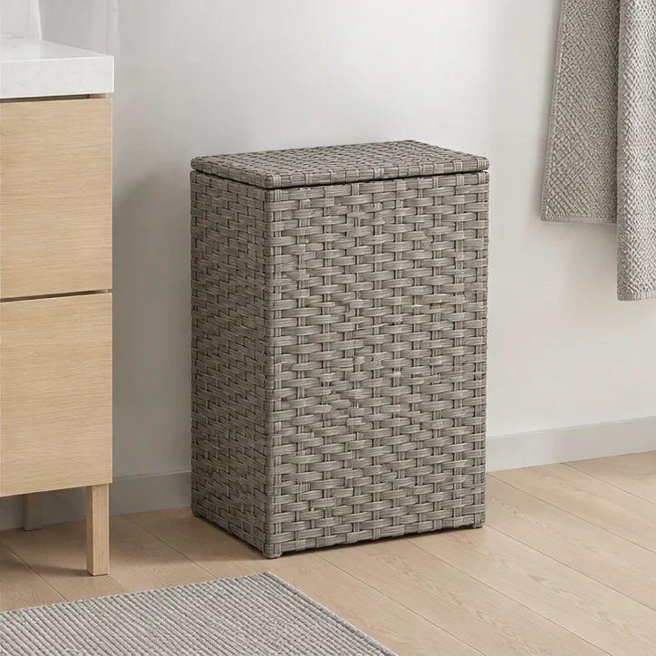 Tall Woven Hamper, Stone gray — home setting